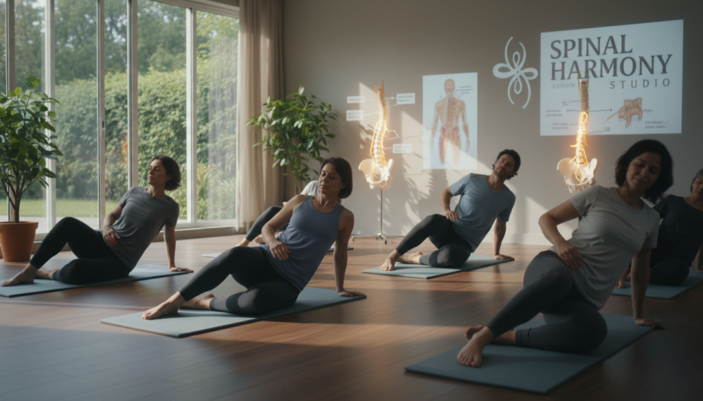 A serene physical therapy studio, demonstrating the connection between the spine, pelvis, and sciatic nerve through movement. In the foreground, a diverse group of individuals in modest activewear engage in gentle Feldenkrais exercises, focusing on their posture and alignment. In the middle, anatomical diagrams and models illustrate the spine and pelvis, emphasizing the connections through soft lighting that highlights their form. The background features large windows allowing natural light to pour in, casting soft shadows and creating a calming atmosphere. The overall mood is one of tranquility and mindfulness, capturing the essence of body awareness and movement in a realistic, everyday setting. A serene physical therapy studio, demonstrating the connection between the spine, pelvis, and sciatic nerve through movement. In the foreground, a diverse group of individuals in modest activewear engage in gentle Feldenkrais exercises, focusing on their posture and alignment. In the middle, anatomical diagrams and models illustrate the spine and pelvis, emphasizing the connections through soft lighting that highlights their form. The background features large windows allowing natural light to pour in, casting soft shadows and creating a calming atmosphere. The overall mood is one of tranquility and mindfulness, capturing the essence of body awareness and movement in a realistic, everyday setting.