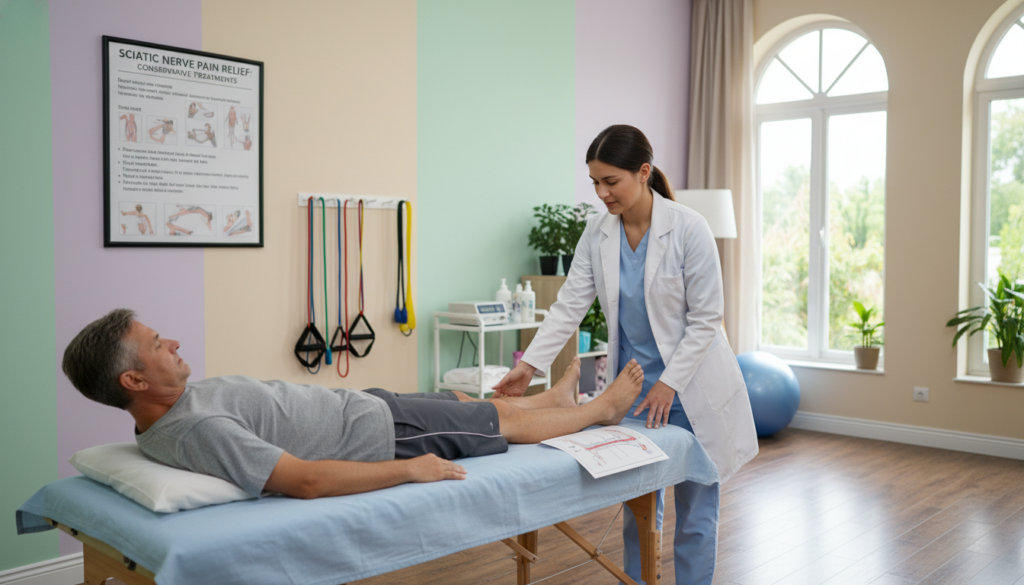 A serene physiotherapy clinic interior, focusing on a middle-aged individual comfortably lying on a treatment table surrounded by calming pastel colors. In the foreground, a physiotherapist, wearing professional attire, gently demonstrates therapeutic exercises for the sciatic nerve, highlighting conservative treatment methods. In the middle ground, various medical equipment and informational charts about sciatic nerve treatment are visible, emphasizing a practical approach to recovery. The soft, natural lighting from large windows creates a warm atmosphere, enhancing the sense of healing and care in an everyday setting. The background includes soft, blurred plants to evoke a sense of tranquility and wellness, appealing to anyone seeking relief from sciatic nerve pain. A serene physiotherapy clinic interior, focusing on a middle-aged individual comfortably lying on a treatment table surrounded by calming pastel colors. In the foreground, a physiotherapist, wearing professional attire, gently demonstrates therapeutic exercises for the sciatic nerve, highlighting conservative treatment methods. In the middle ground, various medical equipment and informational charts about sciatic nerve treatment are visible, emphasizing a practical approach to recovery. The soft, natural lighting from large windows creates a warm atmosphere, enhancing the sense of healing and care in an everyday setting. The background includes soft, blurred plants to evoke a sense of tranquility and wellness, appealing to anyone seeking relief from sciatic nerve pain.