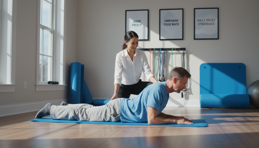 A serene physiotherapy clinic setting designed for back pain management. In the foreground, a middle-aged man in modest, casual attire is practicing the McKenzie Method for back pain relief with the guidance of a professional therapist. The therapist, a woman in professional business attire, demonstrates a key exercise. In the middle ground, various physiotherapy equipment is visible, such as exercise mats and bolsters, creating a natural, everyday environment. Soft, natural lighting filters through large windows, casting gentle shadows throughout the room. In the background, there are motivational posters about pain management techniques on the walls, enhancing the atmosphere of encouragement and support. The overall mood is calm and focused, emphasizing effective management of recurring back pain. A serene physiotherapy clinic setting designed for back pain management. In the foreground, a middle-aged man in modest, casual attire is practicing the McKenzie Method for back pain relief with the guidance of a professional therapist. The therapist, a woman in professional business attire, demonstrates a key exercise. In the middle ground, various physiotherapy equipment is visible, such as exercise mats and bolsters, creating a natural, everyday environment. Soft, natural lighting filters through large windows, casting gentle shadows throughout the room. In the background, there are motivational posters about pain management techniques on the walls, enhancing the atmosphere of encouragement and support. The overall mood is calm and focused, emphasizing effective management of recurring back pain.
