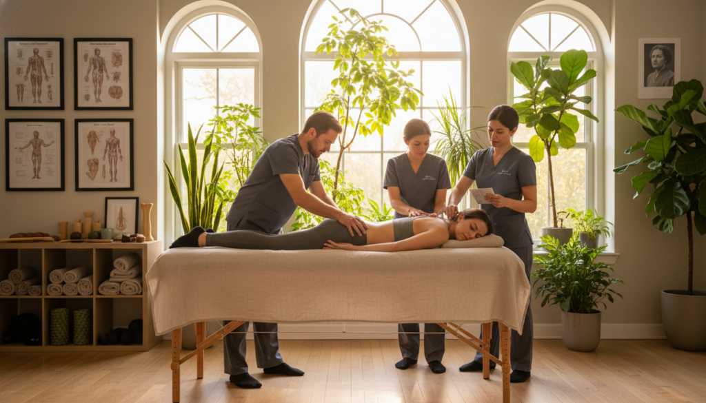 A serene therapy room showcasing Dr. Ida Rolf's Structural Integration principles. In the foreground, a diverse group of practitioners in professional attire, focused on a client during a rolfing session. The middle ground features a massage table, anatomical charts on the walls, and various therapy tools neatly arranged. Soft natural light floods the space through large windows, creating a warm and welcoming atmosphere. In the background, lush plants add a touch of tranquility, emphasizing the holistic approach of Rolfing. The perspective captures the interaction between the practitioners and the client, highlighting the essence of connection and healing. The overall mood is calm and inviting, reflecting a safe space for physical integration and well-being. A serene therapy room showcasing Dr. Ida Rolf's Structural Integration principles. In the foreground, a diverse group of practitioners in professional attire, focused on a client during a rolfing session. The middle ground features a massage table, anatomical charts on the walls, and various therapy tools neatly arranged. Soft natural light floods the space through large windows, creating a warm and welcoming atmosphere. In the background, lush plants add a touch of tranquility, emphasizing the holistic approach of Rolfing. The perspective captures the interaction between the practitioners and the client, highlighting the essence of connection and healing. The overall mood is calm and inviting, reflecting a safe space for physical integration and well-being.