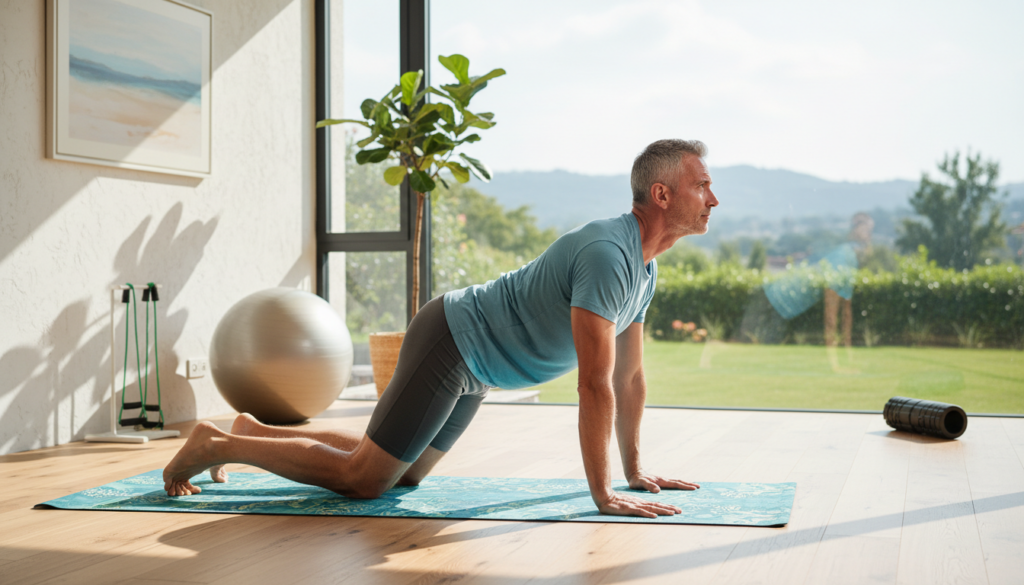 A tranquil indoor setting where a middle-aged man in comfortable athletic clothing is performing targeted back exercises on a yoga mat. In the foreground, he is positioned in a stable, focused pose, showcasing various stretching techniques that emphasize the activation of back muscles. The middle ground features exercise equipment like resistance bands and a stability ball. The background displays a well-lit room with a large window allowing natural light to illuminate the space, creating a warm and inviting atmosphere. Soft shadows add depth to the scene, imparting a sense of calmness and dedication, reflecting the theme of preventive measures for back pain relief. A tranquil indoor setting where a middle-aged man in comfortable athletic clothing is performing targeted back exercises on a yoga mat. In the foreground, he is positioned in a stable, focused pose, showcasing various stretching techniques that emphasize the activation of back muscles. The middle ground features exercise equipment like resistance bands and a stability ball. The background displays a well-lit room with a large window allowing natural light to illuminate the space, creating a warm and inviting atmosphere. Soft shadows add depth to the scene, imparting a sense of calmness and dedication, reflecting the theme of preventive measures for back pain relief.