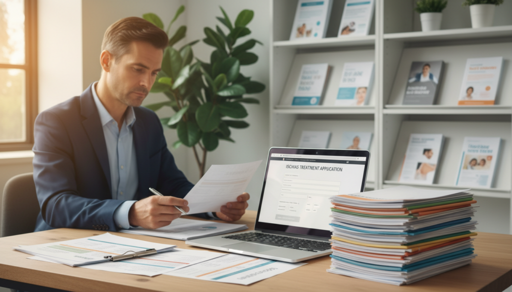 A well-organized office environment with a focus on a neat desk adorned with various ischias application documents. In the foreground, a stack of colorful forms is neatly arranged beside a laptop displaying an open application portal. In the middle ground, a professional, middle-aged person, dressed in business casual attire, is reviewing a document with a thoughtful expression. The background features a shelf filled with health brochures and a potted plant, bathed in natural light streaming through a window, creating a warm and inviting atmosphere. The scene conveys a sense of calm and focus, perfect for illustrating the process of applying for an ischias treatment. A well-organized office environment with a focus on a neat desk adorned with various ischias application documents. In the foreground, a stack of colorful forms is neatly arranged beside a laptop displaying an open application portal. In the middle ground, a professional, middle-aged person, dressed in business casual attire, is reviewing a document with a thoughtful expression. The background features a shelf filled with health brochures and a potted plant, bathed in natural light streaming through a window, creating a warm and inviting atmosphere. The scene conveys a sense of calm and focus, perfect for illustrating the process of applying for an ischias treatment.