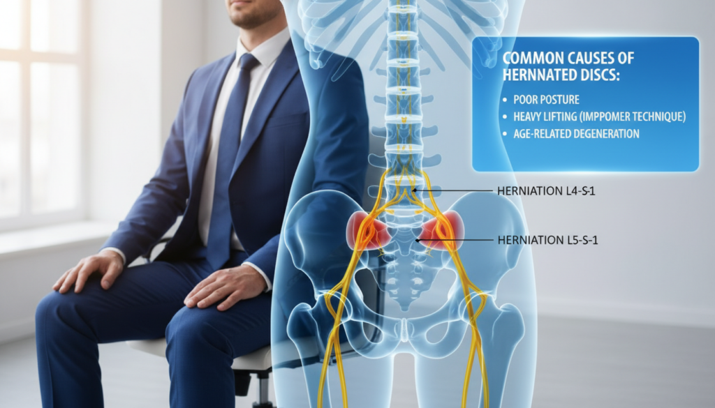 Anatomical illustration showing the causes of herniated discs in the spine, with a detailed view of the lumbar region. In the foreground, a lifelike human figure is seated, dressed in professional business attire, demonstrating proper posture. The middle ground features a transparent overlay of the spine, highlighting the intervertebral discs and nerves with labels for herniation points. In the background, a subtle chart displaying common causes like poor posture, heavy lifting, and age-related degeneration. The setting is well-lit with natural light to create a realistic atmosphere. Aim for a balanced composition that conveys understanding and educates viewers on sciatic nerve pressure. Use a standard lens angle for clarity and detail, avoiding dramatic angles. Anatomical illustration showing the causes of herniated discs in the spine, with a detailed view of the lumbar region. In the foreground, a lifelike human figure is seated, dressed in professional business attire, demonstrating proper posture. The middle ground features a transparent overlay of the spine, highlighting the intervertebral discs and nerves with labels for herniation points. In the background, a subtle chart displaying common causes like poor posture, heavy lifting, and age-related degeneration. The setting is well-lit with natural light to create a realistic atmosphere. Aim for a balanced composition that conveys understanding and educates viewers on sciatic nerve pressure. Use a standard lens angle for clarity and detail, avoiding dramatic angles.