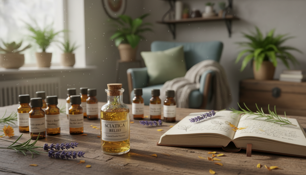 A beautifully arranged display of Bach flower remedy bottles on a rustic wooden table, surrounded by fresh flowers and herbal elements. In the foreground, a clear glass dropper bottle labeled with natural herbal ingredients. The middle ground features an open book with handwritten notes about emotional healing and natural remedies. Soft, natural light filters through a nearby window, casting gentle shadows and creating a serene atmosphere. The background reveals a cozy room with potted plants and calming colors, emphasizing a sense of wellness. The overall mood is tranquil and inviting, capturing the essence of holistic healing and emotional support connected to sciatica relief. A beautifully arranged display of Bach flower remedy bottles on a rustic wooden table, surrounded by fresh flowers and herbal elements. In the foreground, a clear glass dropper bottle labeled with natural herbal ingredients. The middle ground features an open book with handwritten notes about emotional healing and natural remedies. Soft, natural light filters through a nearby window, casting gentle shadows and creating a serene atmosphere. The background reveals a cozy room with potted plants and calming colors, emphasizing a sense of wellness. The overall mood is tranquil and inviting, capturing the essence of holistic healing and emotional support connected to sciatica relief.