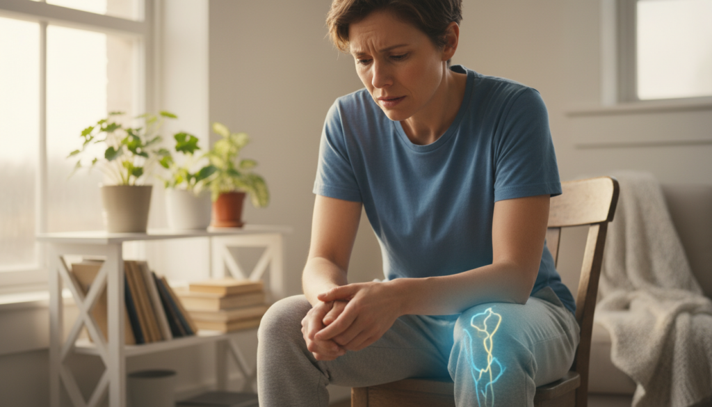A close-up of a person with a concerned expression, sitting on a wooden chair in a bright, naturally lit room. They are dressed in modest casual clothing, with their hands resting on their thighs, indicating discomfort. Focus on the front of their thigh where a subtle, glowing outline suggests pain and tension, emphasizing the localized nature of neuropathic pain. In the background, soft, blurred elements like potted plants and homey decor create a calming atmosphere, contrasting with the pain depicted. The lighting should be warm and inviting, highlighting the person's expression and the realistic setting, capturing a daily life scenario without any studio-like sheen. A close-up of a person with a concerned expression, sitting on a wooden chair in a bright, naturally lit room. They are dressed in modest casual clothing, with their hands resting on their thighs, indicating discomfort. Focus on the front of their thigh where a subtle, glowing outline suggests pain and tension, emphasizing the localized nature of neuropathic pain. In the background, soft, blurred elements like potted plants and homey decor create a calming atmosphere, contrasting with the pain depicted. The lighting should be warm and inviting, highlighting the person's expression and the realistic setting, capturing a daily life scenario without any studio-like sheen.