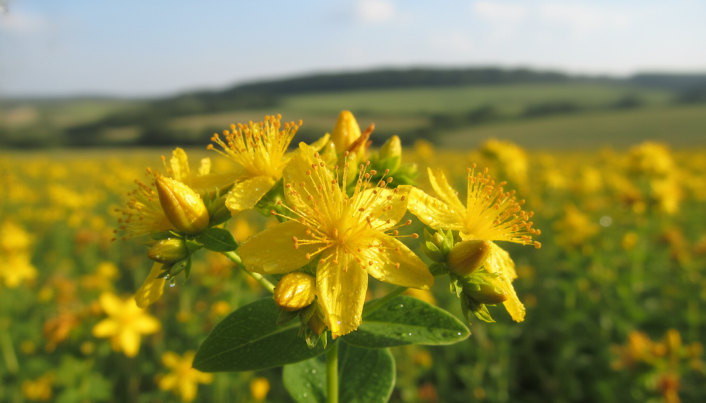 A close-up view of Hypericum perforatum (St. John's Wort) flowers, showcasing their vibrant yellow blossoms with intricate stamen details. In the foreground, the flowers are in sharp focus, dew droplets glistening on their petals, contrasted by soft green leaves. The middle ground subtly features a blurred out-of-focus field with gentle hills in the background, under a clear blue sky and natural daylight that enhances the vibrant colors. The atmosphere conveys a sense of tranquility and healing, relating to the natural properties of the plant. The composition utilizes a shallow depth of field to draw attention to the flowers while maintaining a serene and realistic environment. The scene is framed to evoke a feeling of being immersed in nature, perfect for illustrating the essence of Hypericum's therapeutic qualities. A close-up view of Hypericum perforatum (St. John's Wort) flowers, showcasing their vibrant yellow blossoms with intricate stamen details. In the foreground, the flowers are in sharp focus, dew droplets glistening on their petals, contrasted by soft green leaves. The middle ground subtly features a blurred out-of-focus field with gentle hills in the background, under a clear blue sky and natural daylight that enhances the vibrant colors. The atmosphere conveys a sense of tranquility and healing, relating to the natural properties of the plant. The composition utilizes a shallow depth of field to draw attention to the flowers while maintaining a serene and realistic environment. The scene is framed to evoke a feeling of being immersed in nature, perfect for illustrating the essence of Hypericum's therapeutic qualities.