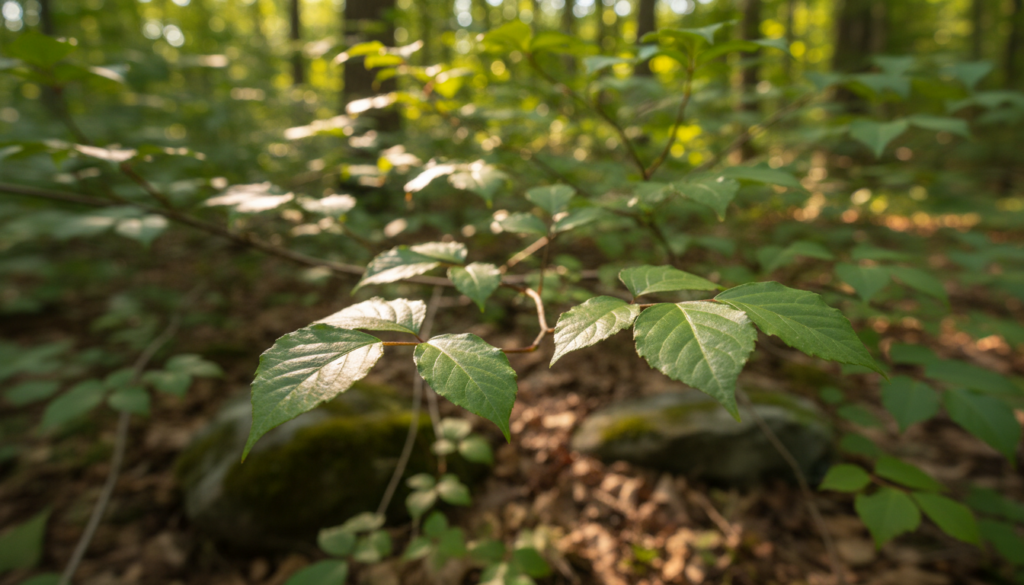 A close-up view of Rhus toxicodendron, showcasing its distinctive green leaves with a shiny surface and serrated edges. In the foreground, focus on a few leaves and small branches, highlighting their intricate textures. In the middle ground, feature the plant growing naturally in a small woodland setting, with dappled sunlight filtering through the nearby trees, creating a gentle, warm ambiance. The background should include hints of blurred greenery and soft earth tones to evoke an organic, tranquil atmosphere. Use natural lighting to enhance the realistic feel, with a slightly shallow depth of field to emphasize the details of the plant while softly blurring the background. The overall mood should be calming and serene, reflecting the plant's medicinal roots. A close-up view of Rhus toxicodendron, showcasing its distinctive green leaves with a shiny surface and serrated edges. In the foreground, focus on a few leaves and small branches, highlighting their intricate textures. In the middle ground, feature the plant growing naturally in a small woodland setting, with dappled sunlight filtering through the nearby trees, creating a gentle, warm ambiance. The background should include hints of blurred greenery and soft earth tones to evoke an organic, tranquil atmosphere. Use natural lighting to enhance the realistic feel, with a slightly shallow depth of field to emphasize the details of the plant while softly blurring the background. The overall mood should be calming and serene, reflecting the plant's medicinal roots.