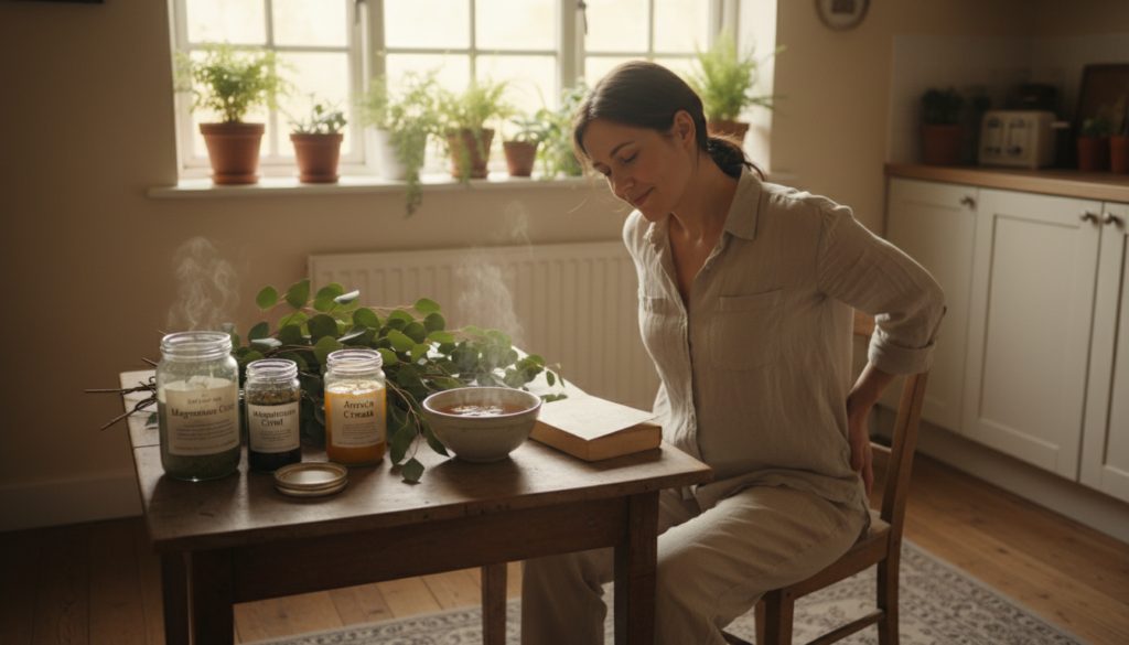 A cozy, calm kitchen scene bathed in soft natural light, showcasing a small wooden table cluttered with various natural remedies for sciatic nerve pain. In the foreground, there are open jars of magnesium supplements, fresh eucalyptus leaves, and a small bowl of warm herbal tea. A person in modest casual clothing is seated at the table, gently stretching their back, embodying relief. In the background, a window allows light to illuminate potted plants, contributing to a peaceful atmosphere. The setting should feel warm and inviting, with a focus on the healing nature of the remedies, capturing a realistic and relatable home environment. A cozy, calm kitchen scene bathed in soft natural light, showcasing a small wooden table cluttered with various natural remedies for sciatic nerve pain. In the foreground, there are open jars of magnesium supplements, fresh eucalyptus leaves, and a small bowl of warm herbal tea. A person in modest casual clothing is seated at the table, gently stretching their back, embodying relief. In the background, a window allows light to illuminate potted plants, contributing to a peaceful atmosphere. The setting should feel warm and inviting, with a focus on the healing nature of the remedies, capturing a realistic and relatable home environment.
