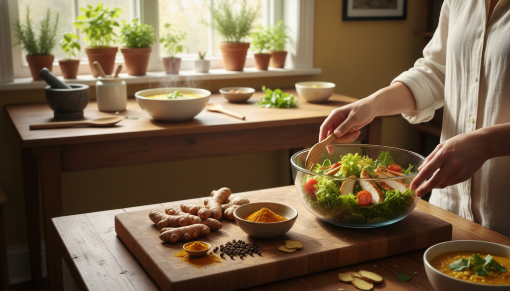 A cozy kitchen scene showcasing the integration of turmeric into everyday cooking. In the foreground, a wooden chopping board displays fresh turmeric roots, ground turmeric powder, and vibrant spices like black pepper and ginger. A pair of hands, wearing modest casual clothing, are preparing a colorful salad with mixed greens, cherry tomatoes, and grilled chicken, subtly incorporating turmeric into the dressing. In the middle ground, illuminated by soft, natural light, stands a rustic wooden kitchen table adorned with a variety of cooking utensils and a bowl of turmeric-infused soup. In the background, a sunlit window with potted herbs adds to the homey atmosphere. The mood is warm and inviting, reflecting a sense of wholesome, everyday cooking that embraces natural, healthy ingredients. A cozy kitchen scene showcasing the integration of turmeric into everyday cooking. In the foreground, a wooden chopping board displays fresh turmeric roots, ground turmeric powder, and vibrant spices like black pepper and ginger. A pair of hands, wearing modest casual clothing, are preparing a colorful salad with mixed greens, cherry tomatoes, and grilled chicken, subtly incorporating turmeric into the dressing. In the middle ground, illuminated by soft, natural light, stands a rustic wooden kitchen table adorned with a variety of cooking utensils and a bowl of turmeric-infused soup. In the background, a sunlit window with potted herbs adds to the homey atmosphere. The mood is warm and inviting, reflecting a sense of wholesome, everyday cooking that embraces natural, healthy ingredients.
