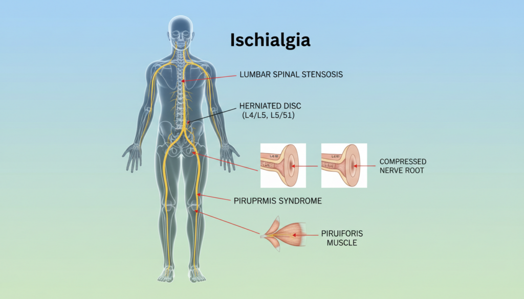 A detailed anatomical illustration depicting the causes of Ischialgia, featuring a human silhouette in a standing position to showcase the sciatic nerve and surrounding structures. In the foreground, highlight the lumbar region and pelvis, with arrows indicating nerve pathways and areas of potential compression. In the middle ground, include simple diagrams of the intervertebral discs and muscles like the piriformis, with soft labels for clarity. The background should display a subtle gradient representing the human spine, with natural lighting casting gentle shadows, creating a realistic, everyday atmosphere. Capture a professional and educational mood, ensuring all elements are rendered in a natural, non-glossy style suitable for an informative article. A detailed anatomical illustration depicting the causes of Ischialgia, featuring a human silhouette in a standing position to showcase the sciatic nerve and surrounding structures. In the foreground, highlight the lumbar region and pelvis, with arrows indicating nerve pathways and areas of potential compression. In the middle ground, include simple diagrams of the intervertebral discs and muscles like the piriformis, with soft labels for clarity. The background should display a subtle gradient representing the human spine, with natural lighting casting gentle shadows, creating a realistic, everyday atmosphere. Capture a professional and educational mood, ensuring all elements are rendered in a natural, non-glossy style suitable for an informative article.