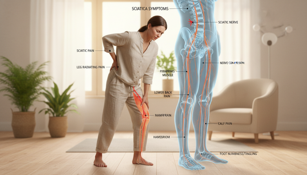 A detailed anatomical illustration focusing on the sciatic nerve and its associated symptoms. In the foreground, visualize a human figure in modest clothing, standing with a pained expression, indicating discomfort in the lower back and legs. In the middle ground, include a clear, labeled diagram of the sciatic nerve, showcasing its path and connections, with arrows pointing to areas commonly affected by pain. The background should be a softly lit, natural setting, resembling a wellness clinic or a home therapy environment, with soft colors that evoke calmness. The lighting should mimic natural daylight, creating a warm and inviting atmosphere. The overall mood should be informative yet soothing, perfect for educational purposes. A detailed anatomical illustration focusing on the sciatic nerve and its associated symptoms. In the foreground, visualize a human figure in modest clothing, standing with a pained expression, indicating discomfort in the lower back and legs. In the middle ground, include a clear, labeled diagram of the sciatic nerve, showcasing its path and connections, with arrows pointing to areas commonly affected by pain. The background should be a softly lit, natural setting, resembling a wellness clinic or a home therapy environment, with soft colors that evoke calmness. The lighting should mimic natural daylight, creating a warm and inviting atmosphere. The overall mood should be informative yet soothing, perfect for educational purposes.