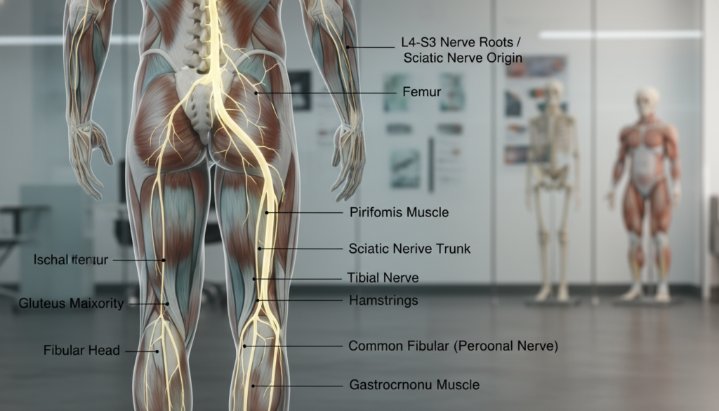 A detailed anatomical illustration of the sciatic nerve's path in the leg, showcasing its location and course. In the foreground, a human leg is depicted with clear labels indicating the sciatic nerve's entry point at the lower spine, its trajectory through the gluteal region, and its pathway down the thigh and into the lower leg. The middle section features a subtle, clear overlay of nerve pathways, demonstrating relevant anatomical relationships. The background consists of a softly lit, natural setting resembling a professional medical environment, enhancing the educational aspect of the image. The lighting is bright yet natural, evoking a sense of clarity and focus, suitable for an anatomical guide, with the overall tone being informative and inviting. A detailed anatomical illustration of the sciatic nerve's path in the leg, showcasing its location and course. In the foreground, a human leg is depicted with clear labels indicating the sciatic nerve's entry point at the lower spine, its trajectory through the gluteal region, and its pathway down the thigh and into the lower leg. The middle section features a subtle, clear overlay of nerve pathways, demonstrating relevant anatomical relationships. The background consists of a softly lit, natural setting resembling a professional medical environment, enhancing the educational aspect of the image. The lighting is bright yet natural, evoking a sense of clarity and focus, suitable for an anatomical guide, with the overall tone being informative and inviting.