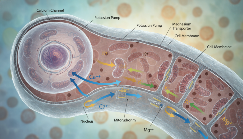 A detailed cross-section illustration of human cells focused on mineral balance, emphasizing essential minerals like calcium, potassium, and magnesium. In the foreground, vibrant cell structures, showcasing organelles such as mitochondria and the nucleus, are depicted with intricate detail. The middle layer presents a flow of minerals entering and exiting through cell membranes, using arrows to indicate movement and absorption. In the background, a soft gradient of natural colors resembling a cellular environment creates a calm atmosphere. Soft, natural lighting enhances the textures of the cellular components, providing a realistic portrayal. The scene is viewed from a slightly angled perspective to add depth, evoking a professional yet approachable mood. A detailed cross-section illustration of human cells focused on mineral balance, emphasizing essential minerals like calcium, potassium, and magnesium. In the foreground, vibrant cell structures, showcasing organelles such as mitochondria and the nucleus, are depicted with intricate detail. The middle layer presents a flow of minerals entering and exiting through cell membranes, using arrows to indicate movement and absorption. In the background, a soft gradient of natural colors resembling a cellular environment creates a calm atmosphere. Soft, natural lighting enhances the textures of the cellular components, providing a realistic portrayal. The scene is viewed from a slightly angled perspective to add depth, evoking a professional yet approachable mood.