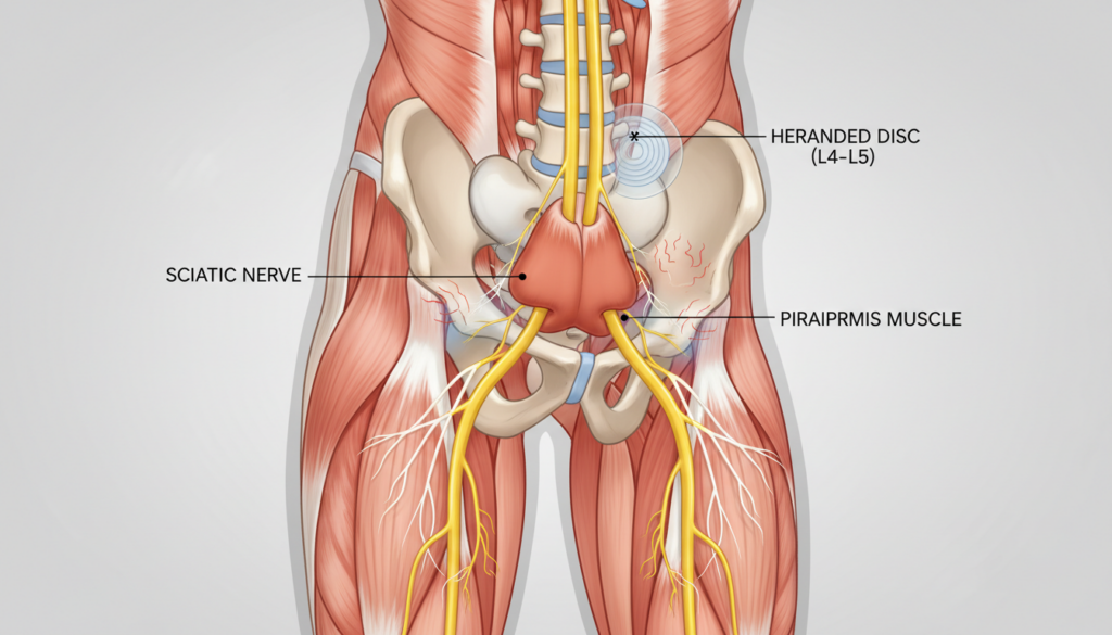 A detailed illustration depicting the causes of sciatic nerve pressure, focusing on a partially visible human leg showing the knee area, set against a neutral background. In the foreground, emphasize anatomical details like muscles and nerves, particularly highlighting the sciatic nerve's pathway and any related structures such as the piriformis muscle. In the middle ground, include subtle representations of underlying conditions that may contribute to nerve pressure, like inflammation, herniated discs, or muscle tension, depicted with gentle shading. The lighting should be natural and soft, mimicking everyday conditions, providing a realistic look. Capture the scene from a slight angle that enhances the depth and anatomical features, creating an informative yet approachable atmosphere, suitable for educational purposes. A detailed illustration depicting the causes of sciatic nerve pressure, focusing on a partially visible human leg showing the knee area, set against a neutral background. In the foreground, emphasize anatomical details like muscles and nerves, particularly highlighting the sciatic nerve's pathway and any related structures such as the piriformis muscle. In the middle ground, include subtle representations of underlying conditions that may contribute to nerve pressure, like inflammation, herniated discs, or muscle tension, depicted with gentle shading. The lighting should be natural and soft, mimicking everyday conditions, providing a realistic look. Capture the scene from a slight angle that enhances the depth and anatomical features, creating an informative yet approachable atmosphere, suitable for educational purposes.