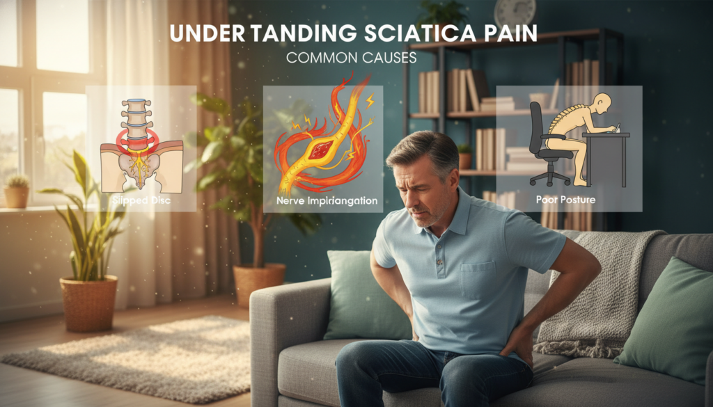 A detailed illustration depicting the causes of sciatica pain in the lower back. In the foreground, a middle-aged man sitting on a couch, gently holding his lower back, showing a pained expression. He wears a light blue shirt and dark jeans, conveying a relatable, everyday appearance. In the middle ground, visual representations of potential causes, such as a diagram of lumbar vertebrae with a slipped disc highlighted, cartoon-style representations of inflammation or pinched nerves, and illustrations of poor posture while sitting at a desk. The background features a softly lit, cozy living room with natural light filtering through a window, enhancing the soothing yet serious atmosphere. The overall mood balances professionalism and relatability, focusing on common issues without an overly clinical appearance. A detailed illustration depicting the causes of sciatica pain in the lower back. In the foreground, a middle-aged man sitting on a couch, gently holding his lower back, showing a pained expression. He wears a light blue shirt and dark jeans, conveying a relatable, everyday appearance. In the middle ground, visual representations of potential causes, such as a diagram of lumbar vertebrae with a slipped disc highlighted, cartoon-style representations of inflammation or pinched nerves, and illustrations of poor posture while sitting at a desk. The background features a softly lit, cozy living room with natural light filtering through a window, enhancing the soothing yet serious atmosphere. The overall mood balances professionalism and relatability, focusing on common issues without an overly clinical appearance.