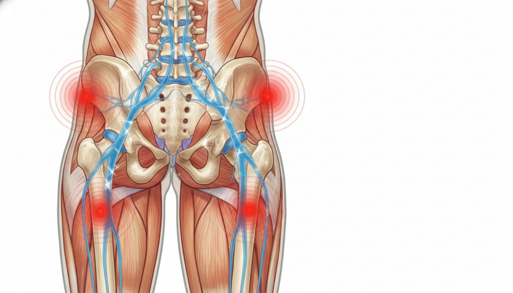 A detailed illustration depicting the human anatomy related to the sciatic nerve, showcasing the pathway and symptoms. In the foreground, a clear and accurate diagram of the sciatic nerve, tracing its origin in the lower back and extending down the leg. The middle ground features labeled points demonstrating common symptoms like pain, tingling, and numbness in the leg. The background includes subtle anatomical details, such as nearby muscles and vertebrae. The setting is realistic, utilizing natural lighting to enhance clarity, making it suitable for an educational article. The mood should be informative and professional, embodying a calm and serious tone. No text or overlays present in the image, capturing a straightforward representation of the topic. A detailed illustration depicting the human anatomy related to the sciatic nerve, showcasing the pathway and symptoms. In the foreground, a clear and accurate diagram of the sciatic nerve, tracing its origin in the lower back and extending down the leg. The middle ground features labeled points demonstrating common symptoms like pain, tingling, and numbness in the leg. The background includes subtle anatomical details, such as nearby muscles and vertebrae. The setting is realistic, utilizing natural lighting to enhance clarity, making it suitable for an educational article. The mood should be informative and professional, embodying a calm and serious tone. No text or overlays present in the image, capturing a straightforward representation of the topic.