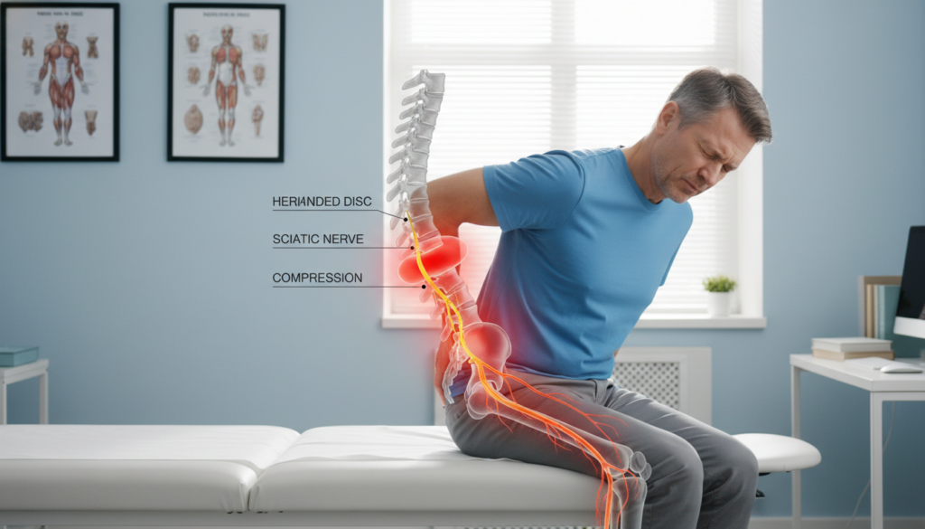 A detailed illustration of the causes of sciatic pain due to a herniated disc. In the foreground, a middle-aged person in modest casual clothing is shown sitting on a doctor's examination table, holding their lower back with a concerned expression. In the middle, a diagram overlay describes the spine and a herniated disc, highlighting the affected areas. The background features a well-lit, professional medical office with anatomical posters on the walls and a window allowing soft natural light to fill the room. The atmosphere is calm and informative, aiming to educate the viewer about the impact of disc problems on sciatica. The composition captures a realistic and relatable setting, avoiding any high-gloss or artificial studio aesthetics. A detailed illustration of the causes of sciatic pain due to a herniated disc. In the foreground, a middle-aged person in modest casual clothing is shown sitting on a doctor's examination table, holding their lower back with a concerned expression. In the middle, a diagram overlay describes the spine and a herniated disc, highlighting the affected areas. The background features a well-lit, professional medical office with anatomical posters on the walls and a window allowing soft natural light to fill the room. The atmosphere is calm and informative, aiming to educate the viewer about the impact of disc problems on sciatica. The composition captures a realistic and relatable setting, avoiding any high-gloss or artificial studio aesthetics.