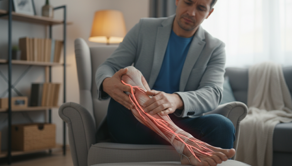 A focused depiction of a human leg, specifically highlighting the calf area with an emphasis on the muscles and nerves associated with sciatic pain. The foreground features a moderate close-up of the leg, showcasing the contours and shadows caused by natural light. The middle ground includes subtle hints of a person seated comfortably in a relaxed setting, dressed in casual but professional attire, conveying a sense of everyday life. The background should be softly blurred, hinting at a home environment, with warm, inviting tones to evoke a calm atmosphere. The lighting should be warm and natural, creating realistic shadows that emphasize the leg's anatomy without exaggeration. The overall mood is informative yet approachable, perfect for education on symptoms of pain radiating to the calf. A focused depiction of a human leg, specifically highlighting the calf area with an emphasis on the muscles and nerves associated with sciatic pain. The foreground features a moderate close-up of the leg, showcasing the contours and shadows caused by natural light. The middle ground includes subtle hints of a person seated comfortably in a relaxed setting, dressed in casual but professional attire, conveying a sense of everyday life. The background should be softly blurred, hinting at a home environment, with warm, inviting tones to evoke a calm atmosphere. The lighting should be warm and natural, creating realistic shadows that emphasize the leg's anatomy without exaggeration. The overall mood is informative yet approachable, perfect for education on symptoms of pain radiating to the calf.
