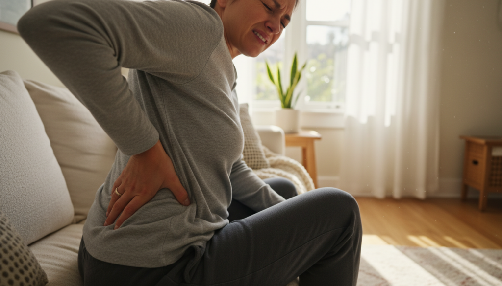 A focused depiction of a person experiencing sciatic pain, seated in a natural, everyday environment like a cozy living room. The individual, dressed in modest casual clothing, is shown with a pained expression, gently rubbing their lower back to illustrate the discomfort associated with sciatica. In the foreground, emphasize the hand on the lower back, while the middle ground features a plush couch and light coming through a nearby window, creating a warm and inviting atmosphere. The background should include subtle domestic elements like soft curtains and a small indoor plant, contributing to an overall sense of realism and relatability. Natural daylight enhances the image, highlighting the subject's struggle without being overstated or dramatic. The angle should be slightly above eye level to create an intimate perspective. A focused depiction of a person experiencing sciatic pain, seated in a natural, everyday environment like a cozy living room. The individual, dressed in modest casual clothing, is shown with a pained expression, gently rubbing their lower back to illustrate the discomfort associated with sciatica. In the foreground, emphasize the hand on the lower back, while the middle ground features a plush couch and light coming through a nearby window, creating a warm and inviting atmosphere. The background should include subtle domestic elements like soft curtains and a small indoor plant, contributing to an overall sense of realism and relatability. Natural daylight enhances the image, highlighting the subject's struggle without being overstated or dramatic. The angle should be slightly above eye level to create an intimate perspective.