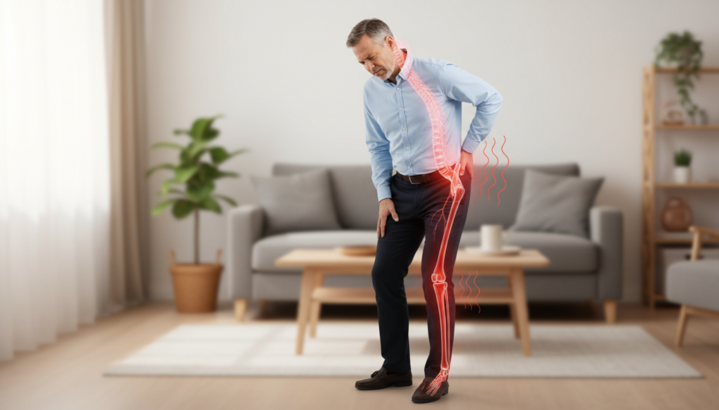 A medical illustration depicting the symptoms of sciatica nerve pain, featuring an adult person standing against a neutral background. In the foreground, a middle-aged individual, dressed in casual yet professional attire, is gently holding their lower back with a pained expression, illustrating discomfort. In the middle layer, faint anatomical representations of the lower spine and sciatic nerve pathways are overlaid, highlighting areas of pain radiating down the leg. The background features a softly blurred image of a living room setting, conveying a relatable and everyday atmosphere. The lighting is natural, emphasizing realism, and the image is captured from a slightly elevated angle to provide clarity on the subject's posture and the anatomical details. The overall mood is informative yet compassionate, aimed at raising awareness about sciatica-related symptoms. A medical illustration depicting the symptoms of sciatica nerve pain, featuring an adult person standing against a neutral background. In the foreground, a middle-aged individual, dressed in casual yet professional attire, is gently holding their lower back with a pained expression, illustrating discomfort. In the middle layer, faint anatomical representations of the lower spine and sciatic nerve pathways are overlaid, highlighting areas of pain radiating down the leg. The background features a softly blurred image of a living room setting, conveying a relatable and everyday atmosphere. The lighting is natural, emphasizing realism, and the image is captured from a slightly elevated angle to provide clarity on the subject's posture and the anatomical details. The overall mood is informative yet compassionate, aimed at raising awareness about sciatica-related symptoms.