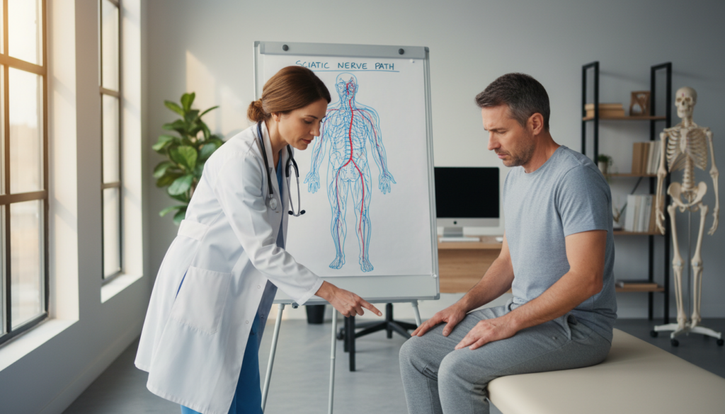 A medical professional, wearing a white coat and a stethoscope, observing a patient in a clinical setting. The foreground features the doctor examining the patient’s leg, pointing to specific pain points associated with the sciatic nerve. In the middle ground, a diagram of the human nervous system is displayed on a flip chart, highlighting the sciatic nerve’s path. The background reveals a modern medical office with natural light streaming through large windows, creating a calm and professional atmosphere. The scene captures a moment of diagnosis, conveying a sense of care and attention to detail, emphasizing the importance of understanding iliac pain in relation to other conditions. The image should reflect realism, with ordinary individuals engaged in a typical clinical interaction, focusing on the seriousness of the subject matter. A medical professional, wearing a white coat and a stethoscope, observing a patient in a clinical setting. The foreground features the doctor examining the patient’s leg, pointing to specific pain points associated with the sciatic nerve. In the middle ground, a diagram of the human nervous system is displayed on a flip chart, highlighting the sciatic nerve’s path. The background reveals a modern medical office with natural light streaming through large windows, creating a calm and professional atmosphere. The scene captures a moment of diagnosis, conveying a sense of care and attention to detail, emphasizing the importance of understanding iliac pain in relation to other conditions. The image should reflect realism, with ordinary individuals engaged in a typical clinical interaction, focusing on the seriousness of the subject matter.