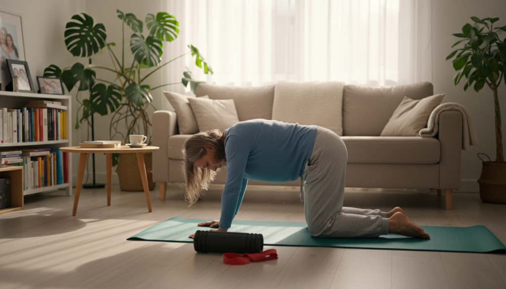 A peaceful indoor setting where a middle-aged person in modest casual clothing is engaging in preventive exercises for sciatica relief. In the foreground, the individual is performing gentle stretches on a yoga mat, demonstrating proper posture. The middle ground features a few pieces of exercise equipment like a foam roller and a resistance band, hinting at an everyday exercise routine. In the background, a bright, well-lit living room is visible, with plants and soft natural light filtering through a window, creating a warm atmosphere. The focus is on promoting a sense of well-being and accessibility to prevent sciatic pain in a realistic, relatable setting. The composition captures a moment of calm dedication to health in an EU home environment, with no glossy or overly polished elements. A peaceful indoor setting where a middle-aged person in modest casual clothing is engaging in preventive exercises for sciatica relief. In the foreground, the individual is performing gentle stretches on a yoga mat, demonstrating proper posture. The middle ground features a few pieces of exercise equipment like a foam roller and a resistance band, hinting at an everyday exercise routine. In the background, a bright, well-lit living room is visible, with plants and soft natural light filtering through a window, creating a warm atmosphere. The focus is on promoting a sense of well-being and accessibility to prevent sciatic pain in a realistic, relatable setting. The composition captures a moment of calm dedication to health in an EU home environment, with no glossy or overly polished elements.