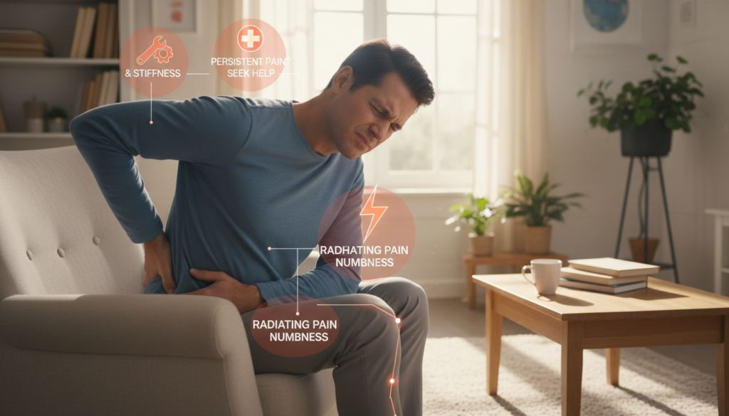 A person in a modest casual outfit, sitting in a well-lit, homely environment, experiencing discomfort due to back pain. In the foreground, the individual is gently holding their lower back with a concerned expression, conveying a sense of urgency and seriousness. Surrounding them, in the middle ground, are visually represented warning signals, such as icons or subtle graphics indicating symptoms like tightness, radiating pain, and potential issues. In the background, a cozy living space is depicted with natural lighting filtering through a window, creating a warm and relatable atmosphere. The overall mood should feel informative yet empathetic, focusing on the importance of recognizing warning signs of back pain and when to seek medical advice. A person in a modest casual outfit, sitting in a well-lit, homely environment, experiencing discomfort due to back pain. In the foreground, the individual is gently holding their lower back with a concerned expression, conveying a sense of urgency and seriousness. Surrounding them, in the middle ground, are visually represented warning signals, such as icons or subtle graphics indicating symptoms like tightness, radiating pain, and potential issues. In the background, a cozy living space is depicted with natural lighting filtering through a window, creating a warm and relatable atmosphere. The overall mood should feel informative yet empathetic, focusing on the importance of recognizing warning signs of back pain and when to seek medical advice.