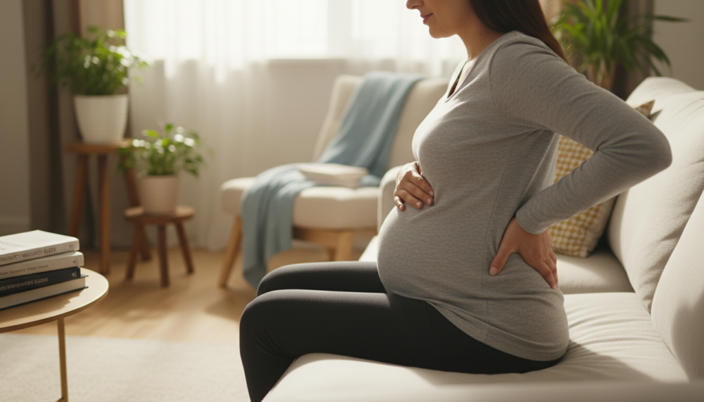 A pregnant woman sitting on a comfortable sofa, holding her lower back with a gentle expression, conveying a sense of mild discomfort. She is dressed in modest, casual clothing suitable for indoor settings. In the foreground, focus on her hands and back, illustrating the idea of back pain during pregnancy. In the middle ground, a soft, well-lit living room with neutral tones and a few plants, creating a calm atmosphere. Natural light filters through a window, casting gentle shadows and highlighting the woman's figure. The background should include soft, abstract elements that symbolize support and wellness, like a cozy blanket and a few wellness books. The overall mood is serene and supportive, emphasizing the theme of prevention and long-term strategies for managing pregnancy-related back pain. A pregnant woman sitting on a comfortable sofa, holding her lower back with a gentle expression, conveying a sense of mild discomfort. She is dressed in modest, casual clothing suitable for indoor settings. In the foreground, focus on her hands and back, illustrating the idea of back pain during pregnancy. In the middle ground, a soft, well-lit living room with neutral tones and a few plants, creating a calm atmosphere. Natural light filters through a window, casting gentle shadows and highlighting the woman's figure. The background should include soft, abstract elements that symbolize support and wellness, like a cozy blanket and a few wellness books. The overall mood is serene and supportive, emphasizing the theme of prevention and long-term strategies for managing pregnancy-related back pain.