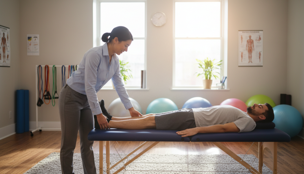 A professional physical therapist demonstrating therapy techniques for sciatica in a bright, naturally lit clinic. In the foreground, a therapist in a smart casual outfit assists a patient lying on a treatment table, both focused and engaged. The therapist is showing the patient a stretching exercise, showcasing attentiveness and care. In the middle ground, various physiotherapy equipment such as exercise balls, stretch bands, and therapy posters can be seen, indicating a well-equipped environment. The background features soft-focus windows allowing natural light to filter in, contributing to a calm, healing atmosphere. The composition is warm and inviting, emphasizing professionalism and empathetic care in the realm of physical therapy. A professional physical therapist demonstrating therapy techniques for sciatica in a bright, naturally lit clinic. In the foreground, a therapist in a smart casual outfit assists a patient lying on a treatment table, both focused and engaged. The therapist is showing the patient a stretching exercise, showcasing attentiveness and care. In the middle ground, various physiotherapy equipment such as exercise balls, stretch bands, and therapy posters can be seen, indicating a well-equipped environment. The background features soft-focus windows allowing natural light to filter in, contributing to a calm, healing atmosphere. The composition is warm and inviting, emphasizing professionalism and empathetic care in the realm of physical therapy.