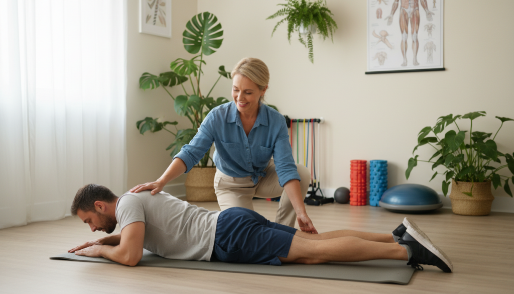 A professional physiotherapist demonstrating conservative treatment methods for sciatica nerve pain in a calm and inviting clinic setting. In the foreground, the therapist, a middle-aged individual dressed in smart casual clothing, is gently guiding a patient, an active adult wearing comfortable attire, through a stretching exercise focused on the lower back. The middle ground features a well-equipped treatment area with physical therapy tools, exercise mats, and anatomical charts illustrating the sciatic nerve pathway. Soft, natural lighting filters through a window, casting a warm glow over the scene, creating a friendly and supportive atmosphere. The background includes plant elements to enhance the sense of tranquility and wellness. A professional physiotherapist demonstrating conservative treatment methods for sciatica nerve pain in a calm and inviting clinic setting. In the foreground, the therapist, a middle-aged individual dressed in smart casual clothing, is gently guiding a patient, an active adult wearing comfortable attire, through a stretching exercise focused on the lower back. The middle ground features a well-equipped treatment area with physical therapy tools, exercise mats, and anatomical charts illustrating the sciatic nerve pathway. Soft, natural lighting filters through a window, casting a warm glow over the scene, creating a friendly and supportive atmosphere. The background includes plant elements to enhance the sense of tranquility and wellness.