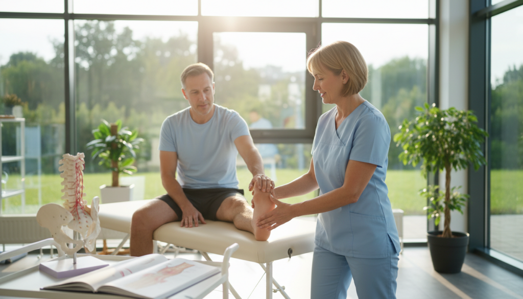 A professional physiotherapist in a modern, well-lit clinic setting is demonstrating treatment techniques for Ischialgia. In the foreground, the therapist, a middle-aged woman in a smart casual outfit, is guiding a middle-aged male patient who is sitting on a treatment table, showing him stretches and exercises for relief. The middle ground features medical charts and anatomy models related to the sciatic nerve, highlighting the pain points. The background includes large windows allowing natural light to fill the room, with gentle greenery visible outside. The overall atmosphere is calm and focused, emphasizing a sense of healing and professionalism, with a soft focus on the warmth of the natural light creating an inviting space. A professional physiotherapist in a modern, well-lit clinic setting is demonstrating treatment techniques for Ischialgia. In the foreground, the therapist, a middle-aged woman in a smart casual outfit, is guiding a middle-aged male patient who is sitting on a treatment table, showing him stretches and exercises for relief. The middle ground features medical charts and anatomy models related to the sciatic nerve, highlighting the pain points. The background includes large windows allowing natural light to fill the room, with gentle greenery visible outside. The overall atmosphere is calm and focused, emphasizing a sense of healing and professionalism, with a soft focus on the warmth of the natural light creating an inviting space.