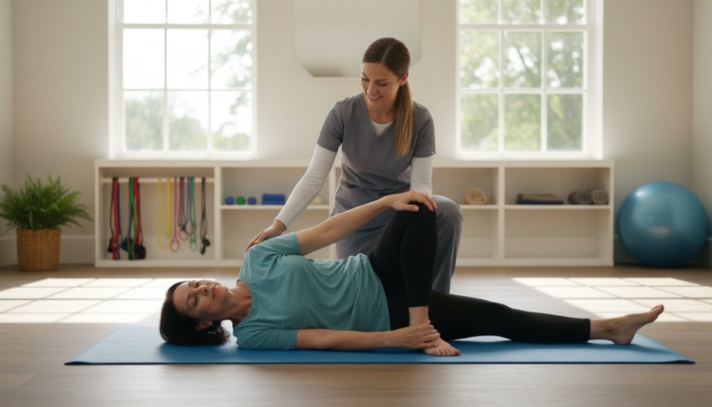 A realistic and natural scene illustrating a physical therapy session focusing on sciatica relief exercises. In the foreground, a middle-aged person, dressed in modest athletic wear, performs a stretching exercise on a yoga mat. The middle section features a therapist, wearing casual professional attire, demonstrating the proper technique. In the background, a serene therapy room with large windows brings in soft, natural light, highlighting an exercise ball and resistance bands neatly arranged on shelves. The atmosphere is calm and supportive, reflecting a sense of well-being and professionalism. The composition captures the essence of a practical exercise guide while emphasizing a nurturing environment conducive to healing. A realistic and natural scene illustrating a physical therapy session focusing on sciatica relief exercises. In the foreground, a middle-aged person, dressed in modest athletic wear, performs a stretching exercise on a yoga mat. The middle section features a therapist, wearing casual professional attire, demonstrating the proper technique. In the background, a serene therapy room with large windows brings in soft, natural light, highlighting an exercise ball and resistance bands neatly arranged on shelves. The atmosphere is calm and supportive, reflecting a sense of well-being and professionalism. The composition captures the essence of a practical exercise guide while emphasizing a nurturing environment conducive to healing.