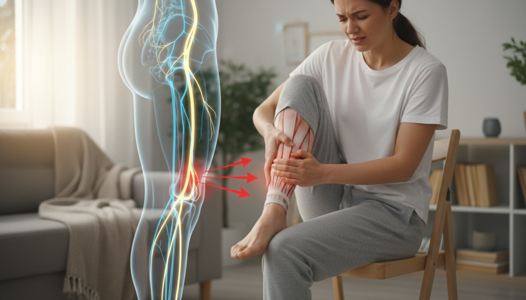 A realistic depiction of a human figure experiencing sciatic nerve pain in the inner leg, showcasing specific anatomical regions affected, especially the tibialis muscle. The foreground features a casually dressed person, perhaps in comfortable clothes like joggers and a t-shirt, sitting on a simple chair, visibly expressing discomfort while rubbing their leg. In the middle ground, an anatomical illustration of the lower leg appears, highlighting the sciatic nerve with soft glowing lines, while arrows indicate pain areas. The background includes a softly lit room with natural light filtering through a window, creating a tranquil atmosphere. The overall mood is informative and empathetic, focusing on the everyday struggles of managing pain. A realistic depiction of a human figure experiencing sciatic nerve pain in the inner leg, showcasing specific anatomical regions affected, especially the tibialis muscle. The foreground features a casually dressed person, perhaps in comfortable clothes like joggers and a t-shirt, sitting on a simple chair, visibly expressing discomfort while rubbing their leg. In the middle ground, an anatomical illustration of the lower leg appears, highlighting the sciatic nerve with soft glowing lines, while arrows indicate pain areas. The background includes a softly lit room with natural light filtering through a window, creating a tranquil atmosphere. The overall mood is informative and empathetic, focusing on the everyday struggles of managing pain.