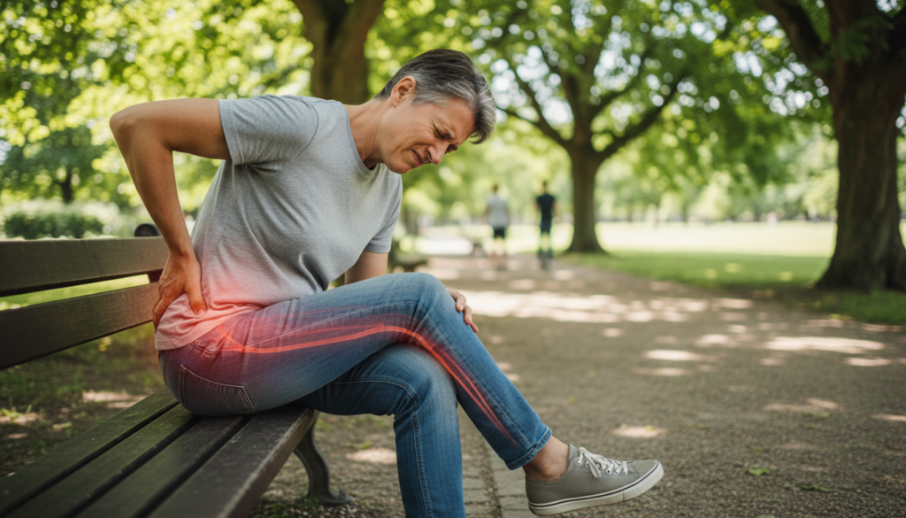 A realistic depiction of a person experiencing sciatic pain radiating from the lower back to the buttock and down the leg. The foreground features a middle-aged individual, dressed in modest casual clothing, seated on a bench with a pained expression, one hand placed gently on their lower back, and the other resting on the thigh of the affected leg. In the middle, a close-up view emphasizes the area of discomfort with shaded highlights to indicate tension. The background shows a serene park setting, with soft, natural light filtered through tree leaves, enhancing the overall atmosphere. The image should convey a relatable, everyday experience of sciatic pain in a non-dramatic way, capturing both the physical and emotional aspects of the condition. A realistic depiction of a person experiencing sciatic pain radiating from the lower back to the buttock and down the leg. The foreground features a middle-aged individual, dressed in modest casual clothing, seated on a bench with a pained expression, one hand placed gently on their lower back, and the other resting on the thigh of the affected leg. In the middle, a close-up view emphasizes the area of discomfort with shaded highlights to indicate tension. The background shows a serene park setting, with soft, natural light filtered through tree leaves, enhancing the overall atmosphere. The image should convey a relatable, everyday experience of sciatic pain in a non-dramatic way, capturing both the physical and emotional aspects of the condition.