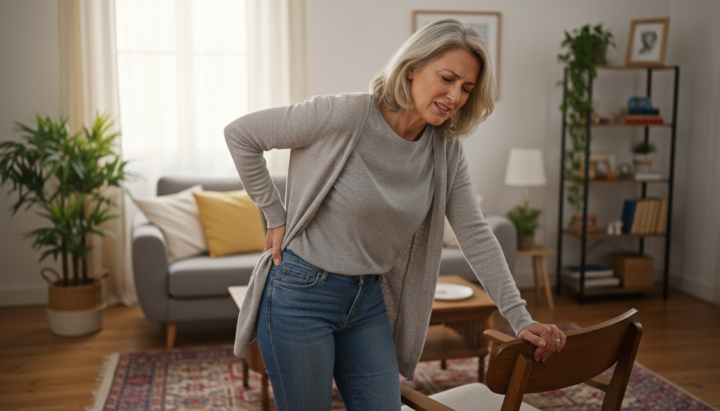 A realistic depiction of a person experiencing sciatica pain, showcasing discomfort in the buttock and leg area. The foreground features a middle-aged individual dressed in modest casual clothing, standing with a pained expression, one hand on the affected area of their back and the other holding onto a chair for support. In the middle ground, a simple living room setting is visible, with soft, natural lighting filtering in from a window, highlighting the person's body language. In the background, subtle details like a plant and a bookshelf enhance the everyday atmosphere. The overall mood is one of empathy and understanding, illustrating common symptoms of sciatica in a relatable, natural environment. A realistic depiction of a person experiencing sciatica pain, showcasing discomfort in the buttock and leg area. The foreground features a middle-aged individual dressed in modest casual clothing, standing with a pained expression, one hand on the affected area of their back and the other holding onto a chair for support. In the middle ground, a simple living room setting is visible, with soft, natural lighting filtering in from a window, highlighting the person's body language. In the background, subtle details like a plant and a bookshelf enhance the everyday atmosphere. The overall mood is one of empathy and understanding, illustrating common symptoms of sciatica in a relatable, natural environment.