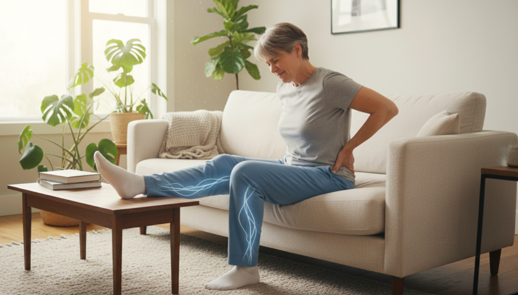 A realistic depiction of a person experiencing symptoms of sciatica pain, set in a cozy, natural-light living room. In the foreground, a middle-aged individual, dressed in modest casual clothing, sits on a sofa, holding their lower back with a pained expression. In the middle ground, visible pain radiates down their leg, represented by gentle, flowing lines to signify nerve pathways. The background features a warm and inviting home environment, with plants and soft furnishings, enhancing the mood of everyday life. The lighting is soft and natural, evoking a feel of comfort despite the discomfort. The overall atmosphere reflects a candid moment of struggle, conveying the impact of sciatica on daily living. A realistic depiction of a person experiencing symptoms of sciatica pain, set in a cozy, natural-light living room. In the foreground, a middle-aged individual, dressed in modest casual clothing, sits on a sofa, holding their lower back with a pained expression. In the middle ground, visible pain radiates down their leg, represented by gentle, flowing lines to signify nerve pathways. The background features a warm and inviting home environment, with plants and soft furnishings, enhancing the mood of everyday life. The lighting is soft and natural, evoking a feel of comfort despite the discomfort. The overall atmosphere reflects a candid moment of struggle, conveying the impact of sciatica on daily living.