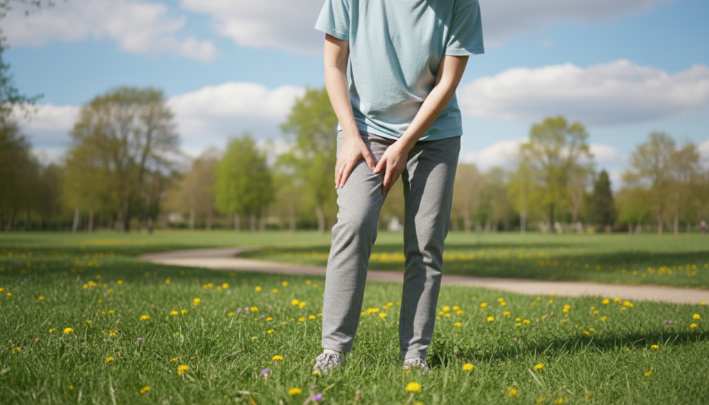 A realistic depiction of a person standing outdoors in a serene park setting, showing their right leg and experiencing discomfort on the outer side of the thigh, indicative of Ischias symptoms. The individual, dressed in modest casual clothing, glances worriedly down at their leg, which is slightly bent at the knee to highlight the affected area. In the foreground, soft grass and wildflowers enhance the natural atmosphere. The middle ground features blurred trees and a walking path, while the background displays a bright blue sky with fluffy white clouds. The scene is illuminated by natural sunlight, creating a warm and relatable mood, focusing on the individual’s expression of concern and the anatomical focus of the leg. A realistic depiction of a person standing outdoors in a serene park setting, showing their right leg and experiencing discomfort on the outer side of the thigh, indicative of Ischias symptoms. The individual, dressed in modest casual clothing, glances worriedly down at their leg, which is slightly bent at the knee to highlight the affected area. In the foreground, soft grass and wildflowers enhance the natural atmosphere. The middle ground features blurred trees and a walking path, while the background displays a bright blue sky with fluffy white clouds. The scene is illuminated by natural sunlight, creating a warm and relatable mood, focusing on the individual’s expression of concern and the anatomical focus of the leg.