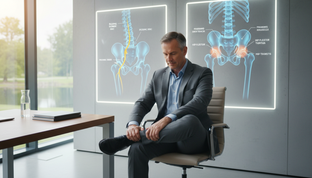 A realistic depiction of the causes of sciatica and hip pain, featuring a middle-aged man in professional business attire, seated in a natural office setting. He is demonstrating various stretches and postures to alleviate discomfort, with anatomical illustrations of the lower back, hips, and sciatic nerve subtly integrated into the background. The lighting is soft and natural, casting gentle shadows that enhance the everyday atmosphere of the scene. In the background, a window shows a tranquil outdoor view, reflecting a calm mood. The angle is slightly above eye level, providing a clear view of the subject and the illustrations, focusing on the important distinctions in pain source related to sciatica and hip discomfort, without any text or overlays. A realistic depiction of the causes of sciatica and hip pain, featuring a middle-aged man in professional business attire, seated in a natural office setting. He is demonstrating various stretches and postures to alleviate discomfort, with anatomical illustrations of the lower back, hips, and sciatic nerve subtly integrated into the background. The lighting is soft and natural, casting gentle shadows that enhance the everyday atmosphere of the scene. In the background, a window shows a tranquil outdoor view, reflecting a calm mood. The angle is slightly above eye level, providing a clear view of the subject and the illustrations, focusing on the important distinctions in pain source related to sciatica and hip discomfort, without any text or overlays.