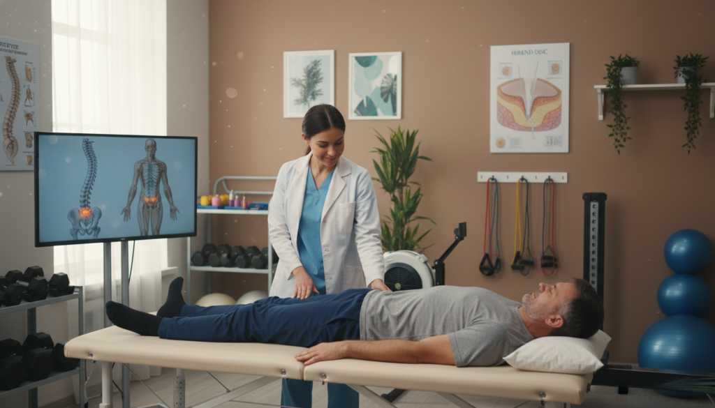 A realistic medical scene depicting a physiotherapy treatment for a herniated disc, showing a middle-aged man in a modest casual outfit receiving therapy. In the foreground, a therapist gently assists the patient with exercises on a treatment table, emphasizing correct posture and support. The middle ground features a well-equipped therapy room with exercise mats, anatomical charts of the spine, and rehabilitation tools, all bathed in natural light from a nearby window. The background should show soft, neutral-toned walls and plants to create a calming atmosphere. The mood is professional and reassuring, highlighting the focus on health and recovery, without any distractions or visual clutter. A realistic medical scene depicting a physiotherapy treatment for a herniated disc, showing a middle-aged man in a modest casual outfit receiving therapy. In the foreground, a therapist gently assists the patient with exercises on a treatment table, emphasizing correct posture and support. The middle ground features a well-equipped therapy room with exercise mats, anatomical charts of the spine, and rehabilitation tools, all bathed in natural light from a nearby window. The background should show soft, neutral-toned walls and plants to create a calming atmosphere. The mood is professional and reassuring, highlighting the focus on health and recovery, without any distractions or visual clutter.