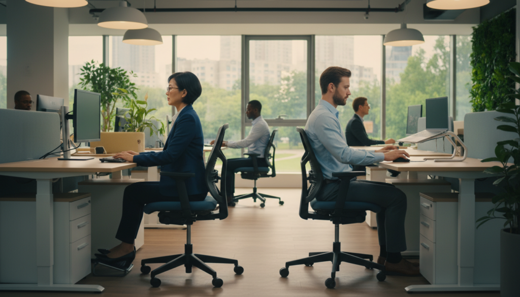 A realistic office setting depicting a diverse group of professionals in business attire, focusing on ergonomic sitting postures. In the foreground, a middle-aged woman sits straight with her feet flat on the floor, hands relaxed on her desk, and a comfortable chair that supports her lower back. In the middle ground, a younger man adjusts his chair height to ensure proper posture while using a laptop. The background showcases a well-lit, modern workspace with greenery and natural light filtering through large windows, creating a calm and inviting atmosphere. The image conveys a sense of awareness and dedication to workplace health and prevents discomfort. The overall mood is professional and supportive, emphasizing the importance of ergonomic practices. A realistic office setting depicting a diverse group of professionals in business attire, focusing on ergonomic sitting postures. In the foreground, a middle-aged woman sits straight with her feet flat on the floor, hands relaxed on her desk, and a comfortable chair that supports her lower back. In the middle ground, a younger man adjusts his chair height to ensure proper posture while using a laptop. The background showcases a well-lit, modern workspace with greenery and natural light filtering through large windows, creating a calm and inviting atmosphere. The image conveys a sense of awareness and dedication to workplace health and prevents discomfort. The overall mood is professional and supportive, emphasizing the importance of ergonomic practices.