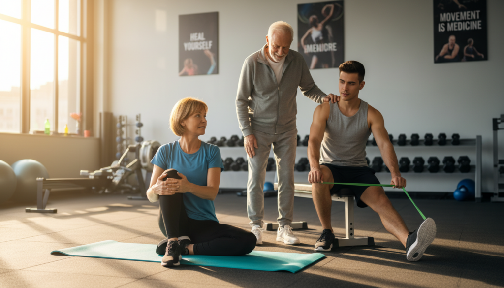 A realistic scene depicting effective exercises for sciatica relief, featuring a diverse group of three individuals in a bright, naturally lit gym setting. In the foreground, a middle-aged woman in modest athletic wear demonstrates a stretching exercise on a yoga mat, focusing on her lower back and legs. Beside her, a young man performs a physical therapy stretch using a resistance band, while an older gentleman observes, providing encouragement. In the background, soft-focus gym equipment and motivational posters enhance the atmosphere of healing and wellness. The composition captures a sense of camaraderie and support in managing pain, with warm, inviting lighting that emphasizes a calm and focused environment. The lens captures the figures with a slight depth of field, creating an intimate yet professional atmosphere. A realistic scene depicting effective exercises for sciatica relief, featuring a diverse group of three individuals in a bright, naturally lit gym setting. In the foreground, a middle-aged woman in modest athletic wear demonstrates a stretching exercise on a yoga mat, focusing on her lower back and legs. Beside her, a young man performs a physical therapy stretch using a resistance band, while an older gentleman observes, providing encouragement. In the background, soft-focus gym equipment and motivational posters enhance the atmosphere of healing and wellness. The composition captures a sense of camaraderie and support in managing pain, with warm, inviting lighting that emphasizes a calm and focused environment. The lens captures the figures with a slight depth of field, creating an intimate yet professional atmosphere.
