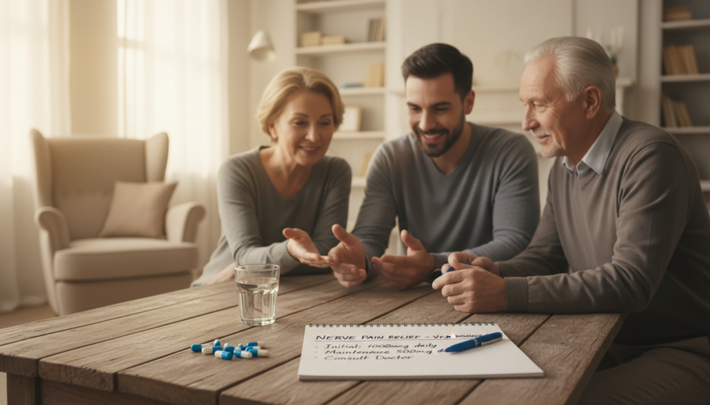 A realistic scene showcasing dosage recommendations for nerve pain relief, specifically focusing on Vitamin B12. In the foreground, a wooden table displays various capsules and a small glass of water beside them. A well-organized notepad with clear dosage instructions is visible. In the middle ground, a diverse group of individuals in modest casual clothing discusses the importance of Vitamin B12. They appear engaged and interested, emphasizing a supportive atmosphere. The background includes a soft-focus view of a home-like setting, with warm daylight filtering through a window, creating a natural and inviting mood. The image should evoke a sense of trust and professionalism, with a clean and informative aesthetic. A realistic scene showcasing dosage recommendations for nerve pain relief, specifically focusing on Vitamin B12. In the foreground, a wooden table displays various capsules and a small glass of water beside them. A well-organized notepad with clear dosage instructions is visible. In the middle ground, a diverse group of individuals in modest casual clothing discusses the importance of Vitamin B12. They appear engaged and interested, emphasizing a supportive atmosphere. The background includes a soft-focus view of a home-like setting, with warm daylight filtering through a window, creating a natural and inviting mood. The image should evoke a sense of trust and professionalism, with a clean and informative aesthetic.