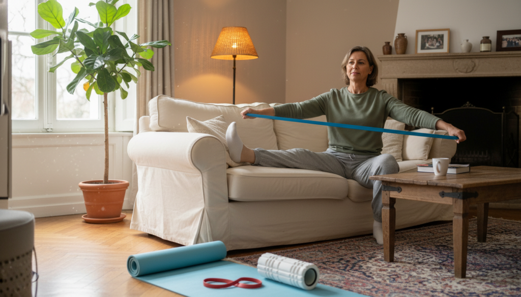 A serene and cozy living room scene in a European home, depicting a middle-aged person sitting on a comfortable couch, practicing stretching exercises to alleviate sciatica issues. The individual, dressed in modest casual clothing, appears focused and relaxed. In the foreground, a yoga mat is laid out with a few simple exercise props like a foam roller and resistance band. In the middle background, a potted plant adds a touch of nature, while a warm lamp casts soft, natural lighting around the room. The overall mood is calm and supportive, emphasizing a sense of well-being and everyday life, promoting practical tips for sciatica prevention. The scene is realistic, devoid of any studio gloss, focusing on genuine everyday activities in a relatable setting. A serene and cozy living room scene in a European home, depicting a middle-aged person sitting on a comfortable couch, practicing stretching exercises to alleviate sciatica issues. The individual, dressed in modest casual clothing, appears focused and relaxed. In the foreground, a yoga mat is laid out with a few simple exercise props like a foam roller and resistance band. In the middle background, a potted plant adds a touch of nature, while a warm lamp casts soft, natural lighting around the room. The overall mood is calm and supportive, emphasizing a sense of well-being and everyday life, promoting practical tips for sciatica prevention. The scene is realistic, devoid of any studio gloss, focusing on genuine everyday activities in a relatable setting.