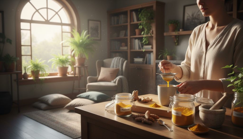 A serene and informative scene depicting the application of turmeric for sciatic nerve relief. In the foreground, a professional individual in modest casual attire is preparing a cup of turmeric-infused tea, surrounded by neatly arranged jars of turmeric powder and fresh turmeric roots. The middle ground features a cozy living space with plants and soft textiles, evoking a natural healing atmosphere. Sunlight streams through a nearby window, casting gentle light across the scene, enhancing the warm golden hues of the turmeric. In the background, shelves are lined with health books, subtly promoting a holistic lifestyle. The overall mood is calm and encouraging, reflecting the therapeutic benefits of turmeric. A serene and informative scene depicting the application of turmeric for sciatic nerve relief. In the foreground, a professional individual in modest casual attire is preparing a cup of turmeric-infused tea, surrounded by neatly arranged jars of turmeric powder and fresh turmeric roots. The middle ground features a cozy living space with plants and soft textiles, evoking a natural healing atmosphere. Sunlight streams through a nearby window, casting gentle light across the scene, enhancing the warm golden hues of the turmeric. In the background, shelves are lined with health books, subtly promoting a holistic lifestyle. The overall mood is calm and encouraging, reflecting the therapeutic benefits of turmeric.