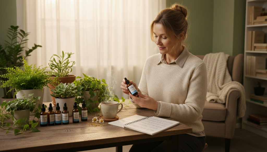 A serene and inviting setting showcasing various Bach flower essence bottles arranged on a wooden table, surrounded by lush green plants. In the foreground, a middle-aged woman dressed in a professional yet casual outfit examines a bottle, reflecting a thoughtful expression. In the middle ground, an open notebook with handwritten notes about customer reviews lies beside a steaming cup of herbal tea, emphasizing a holistic approach. The background features a softly lit room with warm, natural light filtering through sheer curtains, creating a calm and peaceful atmosphere. The overall mood conveys a sense of well-being and emotional release, perfect for illustrating the positive feedback and experiences associated with Bach flower remedies. A serene and inviting setting showcasing various Bach flower essence bottles arranged on a wooden table, surrounded by lush green plants. In the foreground, a middle-aged woman dressed in a professional yet casual outfit examines a bottle, reflecting a thoughtful expression. In the middle ground, an open notebook with handwritten notes about customer reviews lies beside a steaming cup of herbal tea, emphasizing a holistic approach. The background features a softly lit room with warm, natural light filtering through sheer curtains, creating a calm and peaceful atmosphere. The overall mood conveys a sense of well-being and emotional release, perfect for illustrating the positive feedback and experiences associated with Bach flower remedies.