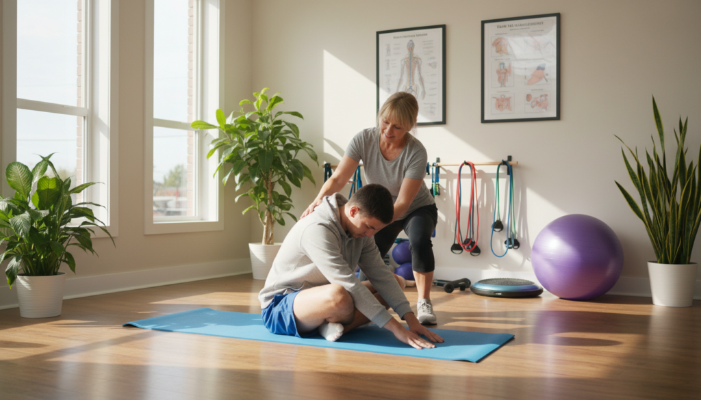 A serene and professional physical therapy clinic setting, showcasing a practitioner assisting a patient with sciatic nerve pain relief. In the foreground, a middle-aged therapist in modest, casual clothing guides a patient, a young adult in comfortable attire, during a back stretching exercise using a yoga mat. The middle of the image features exercise equipment, such as resistance bands and balance balls, on a wooden floor. Sunlight filters through large windows, creating a warm, inviting atmosphere. The background shows calming wall art related to pain management and health, while plants add a touch of natural beauty. The lighting is soft and natural, evoking a sense of healing and comfort. A serene and professional physical therapy clinic setting, showcasing a practitioner assisting a patient with sciatic nerve pain relief. In the foreground, a middle-aged therapist in modest, casual clothing guides a patient, a young adult in comfortable attire, during a back stretching exercise using a yoga mat. The middle of the image features exercise equipment, such as resistance bands and balance balls, on a wooden floor. Sunlight filters through large windows, creating a warm, inviting atmosphere. The background shows calming wall art related to pain management and health, while plants add a touch of natural beauty. The lighting is soft and natural, evoking a sense of healing and comfort.