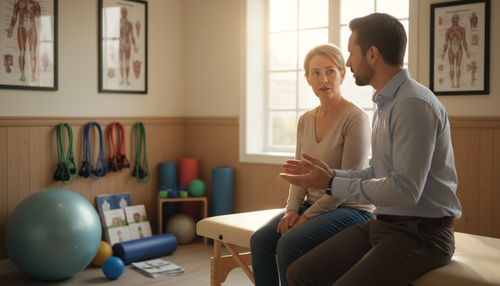 A serene and realistic scene depicting conservative treatment methods for sciatica. In the foreground, portray a healthcare professional in smart casual attire explaining treatment options to a middle-aged patient, who is seated comfortably on a treatment table. Capture the patient's attentive expression. In the middle ground, include various treatment tools, like physiotherapy bands and exercise balls, arranged neatly. The background should feature a softly lit clinic with a large window allowing natural light to stream in, creating an inviting atmosphere. Use a warm color palette to evoke a sense of calm and healing. A shallow depth of field gives focus to the interaction, with a soft blur on the background details. A serene and realistic scene depicting conservative treatment methods for sciatica. In the foreground, portray a healthcare professional in smart casual attire explaining treatment options to a middle-aged patient, who is seated comfortably on a treatment table. Capture the patient's attentive expression. In the middle ground, include various treatment tools, like physiotherapy bands and exercise balls, arranged neatly. The background should feature a softly lit clinic with a large window allowing natural light to stream in, creating an inviting atmosphere. Use a warm color palette to evoke a sense of calm and healing. A shallow depth of field gives focus to the interaction, with a soft blur on the background details.