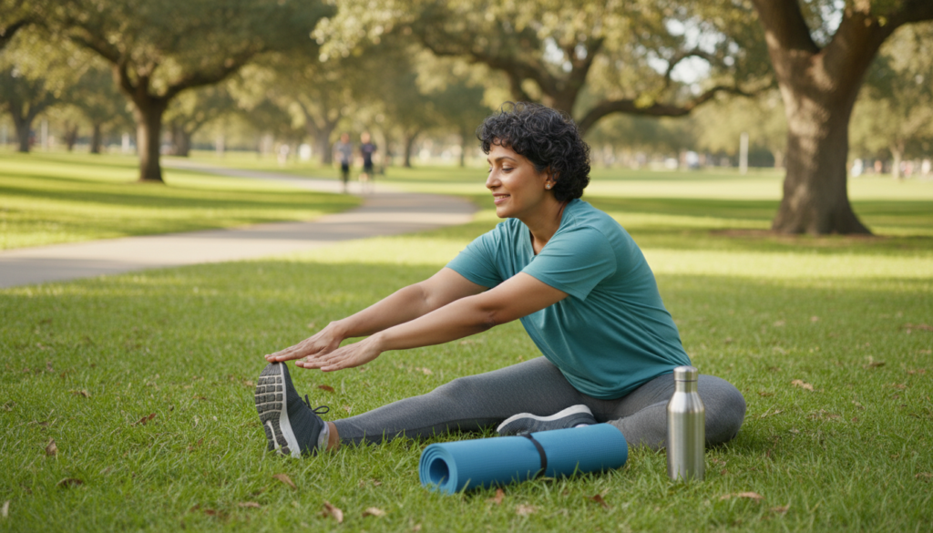 A serene and realistic setting depicting a middle-aged person demonstrating preventive stretches for sciatic pain relief. In the foreground, they are shown performing a gentle hamstring stretch while sitting on a soft grass patch, wearing modest athletic clothing suitable for exercise. The middle ground features a few scattered fitness props like a yoga mat and a water bottle, emphasizing an active lifestyle. The background includes a quiet park scene with green trees and a peaceful walking path, bathed in natural daylight, enhancing the tranquil atmosphere. The scene captures a sense of well-being and proactive health management, evoking a mood of encouragement and calmness. The angle is slightly elevated, allowing a clear view of the stretch while maintaining a focus on the surroundings. A serene and realistic setting depicting a middle-aged person demonstrating preventive stretches for sciatic pain relief. In the foreground, they are shown performing a gentle hamstring stretch while sitting on a soft grass patch, wearing modest athletic clothing suitable for exercise. The middle ground features a few scattered fitness props like a yoga mat and a water bottle, emphasizing an active lifestyle. The background includes a quiet park scene with green trees and a peaceful walking path, bathed in natural daylight, enhancing the tranquil atmosphere. The scene captures a sense of well-being and proactive health management, evoking a mood of encouragement and calmness. The angle is slightly elevated, allowing a clear view of the stretch while maintaining a focus on the surroundings.