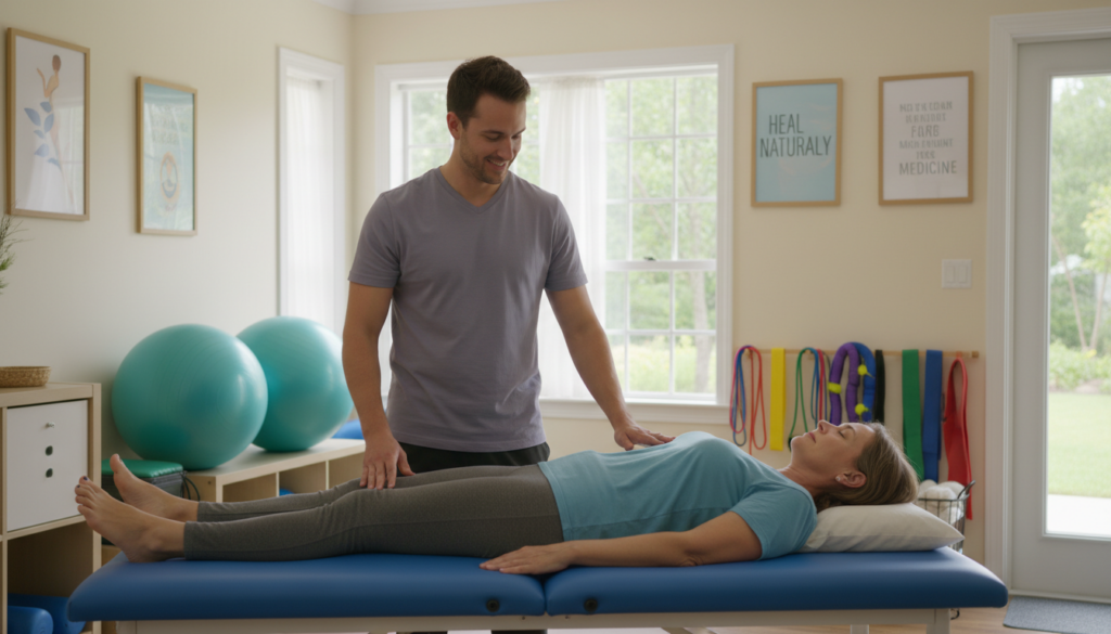 A serene clinic environment focusing on conservative treatment for lower back pain. In the foreground, a compassionate healthcare professional, dressed in modest, professional attire, is demonstrating gentle stretching exercises to a patient on a treatment table. The patient, a middle-aged individual, is dressed in comfortable, casual clothing, showing a relaxed demeanor. In the middle ground, we see a variety of therapy tools, such as exercise balls and resistance bands, neatly arranged. The background features a calming atmosphere with soft natural light streaming in through large windows, illuminating neutral-toned walls adorned with motivational health posters. The mood is supportive and healing, capturing the essence of conservative treatment approaches for sciatic and normal back pain. A serene clinic environment focusing on conservative treatment for lower back pain. In the foreground, a compassionate healthcare professional, dressed in modest, professional attire, is demonstrating gentle stretching exercises to a patient on a treatment table. The patient, a middle-aged individual, is dressed in comfortable, casual clothing, showing a relaxed demeanor. In the middle ground, we see a variety of therapy tools, such as exercise balls and resistance bands, neatly arranged. The background features a calming atmosphere with soft natural light streaming in through large windows, illuminating neutral-toned walls adorned with motivational health posters. The mood is supportive and healing, capturing the essence of conservative treatment approaches for sciatic and normal back pain.