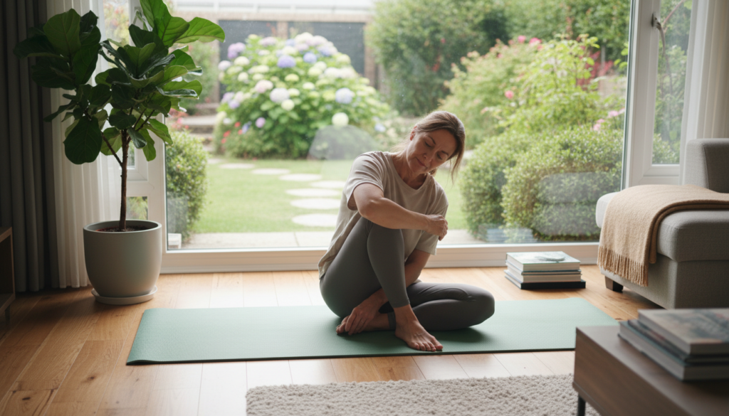 A serene, cozy living room setting bathed in natural light, showcasing a middle-aged person demonstrating stretching exercises aimed at relieving sciatic nerve pain. The individual is dressed in modest athletic wear, focusing on a hip stretch while sitting on a yoga mat. In the foreground, a calming indoor plant brings a touch of nature, while in the background, a large window reveals a peaceful garden scene. The composition emphasizes the movement and flexibility of the person, captured from a slightly elevated angle to highlight the exercise. Soft, diffused lighting enhances the tranquil atmosphere, making the viewer feel at ease and inspired to engage in their own therapeutic stretches for relief. A serene, cozy living room setting bathed in natural light, showcasing a middle-aged person demonstrating stretching exercises aimed at relieving sciatic nerve pain. The individual is dressed in modest athletic wear, focusing on a hip stretch while sitting on a yoga mat. In the foreground, a calming indoor plant brings a touch of nature, while in the background, a large window reveals a peaceful garden scene. The composition emphasizes the movement and flexibility of the person, captured from a slightly elevated angle to highlight the exercise. Soft, diffused lighting enhances the tranquil atmosphere, making the viewer feel at ease and inspired to engage in their own therapeutic stretches for relief.
